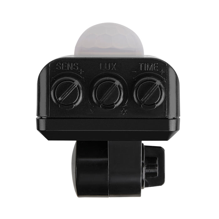 Black plastic motion sensor with adjustable sensitivity, lux, and time settings.