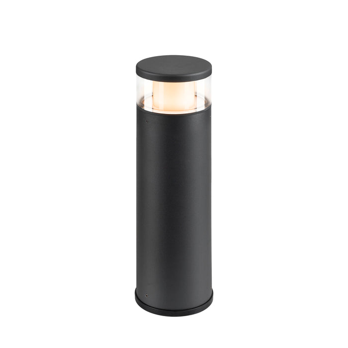 Modern bollard light fixture, black finish, with clear glass shade.