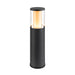 Black metal bollard light with clear glass shade, surface mounted.