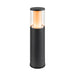 Black metal bollard light with clear glass shade and warm light, surface mounted.