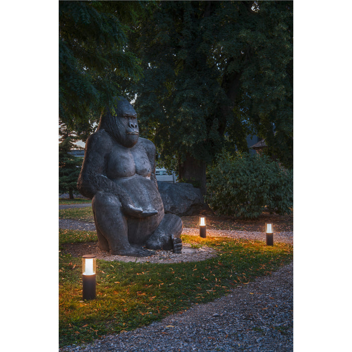 Gray gorilla statue in a park setting with black cylindrical outdoor lights.