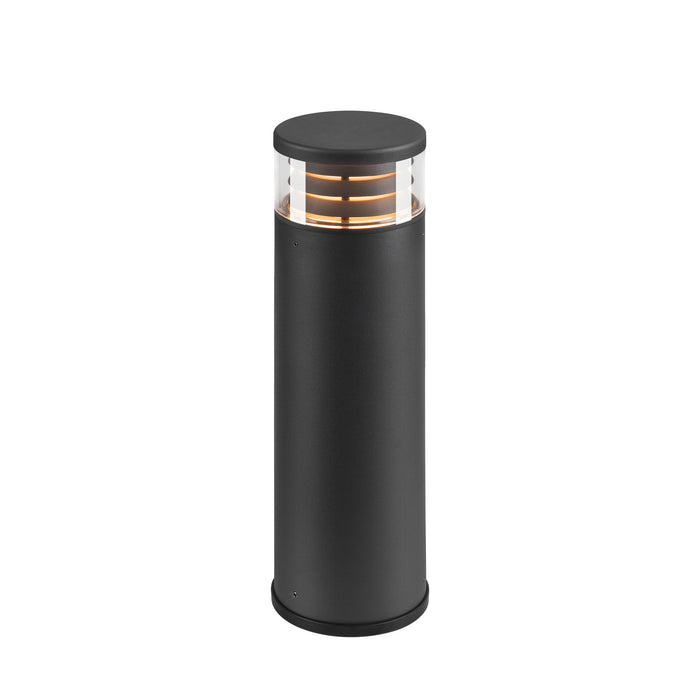Black metal bollard light fixture with clear top.