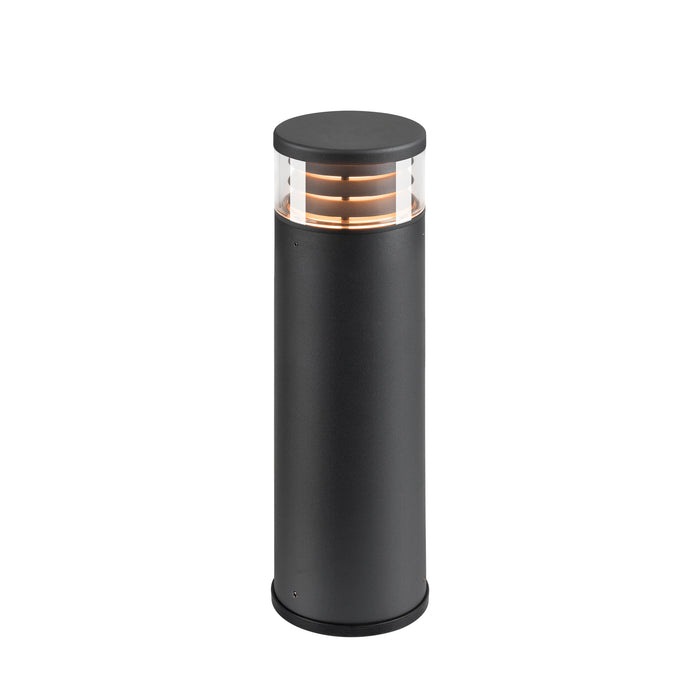 Black metal bollard light fixture with clear top.