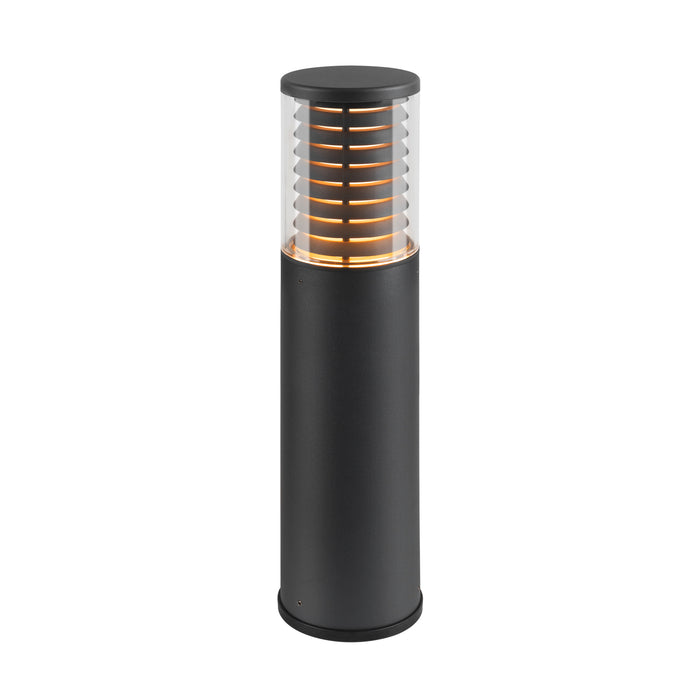 Black metal bollard light with clear ribbed shade, surface mount.
