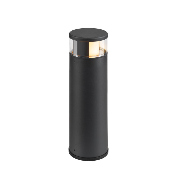 Black metal bollard light fixture with clear glass shade, surface mounted.