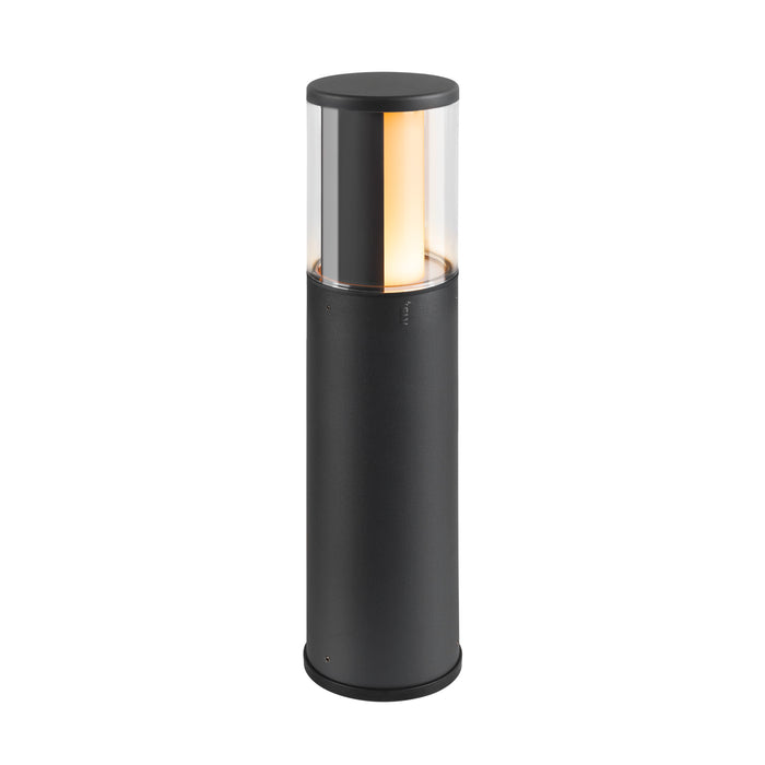 Modern bollard light fixture, black finish, with clear glass shade.