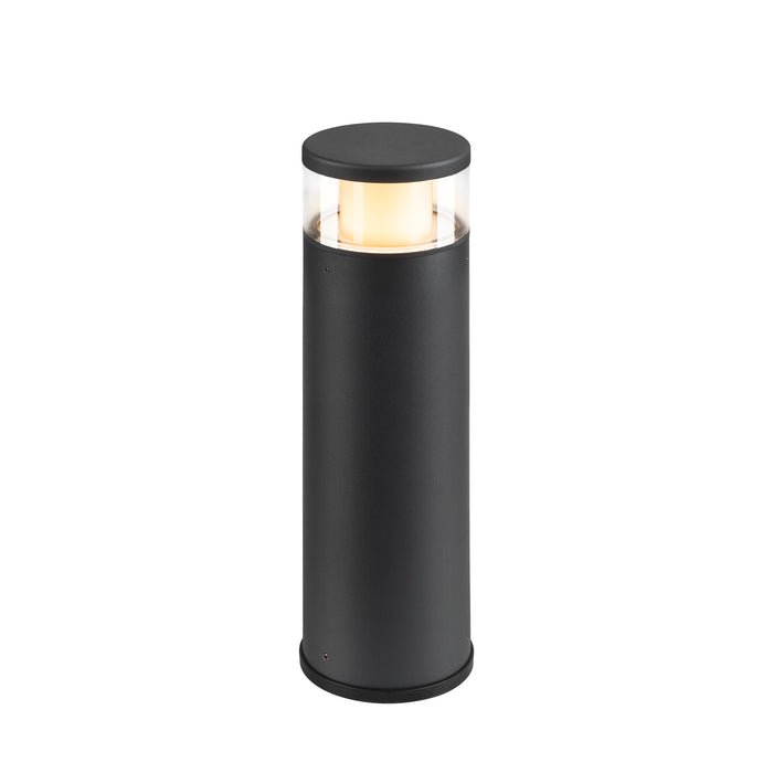 Black metal bollard light fixture with clear glass shade, surface mounted.