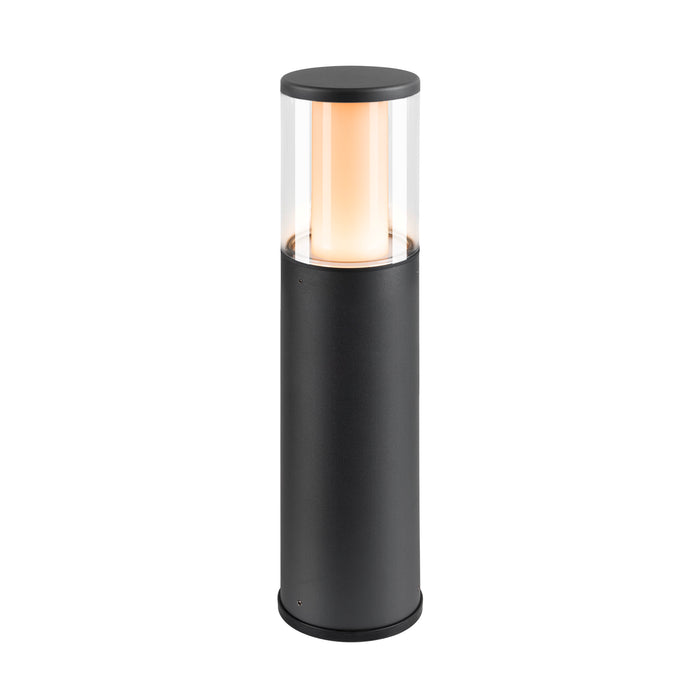 Modern bollard light fixture, black finish, with clear glass shade.