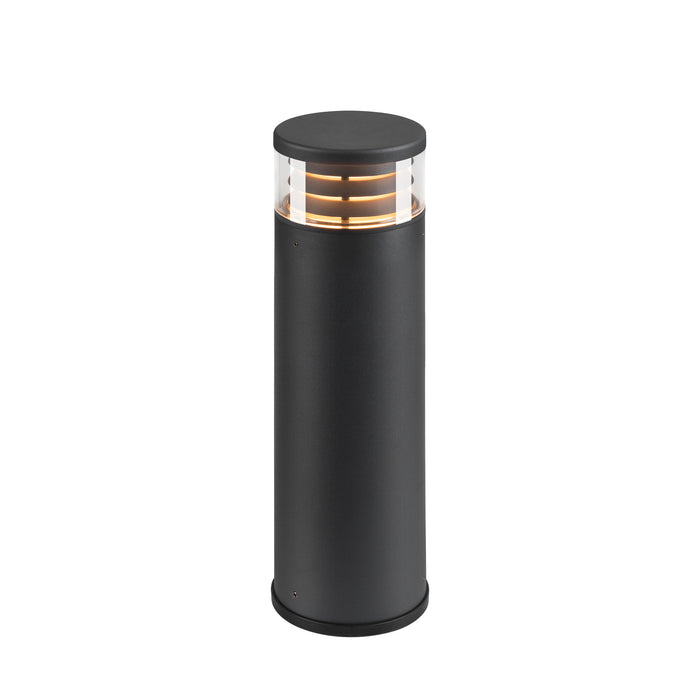 Black metal bollard light with clear glass top.