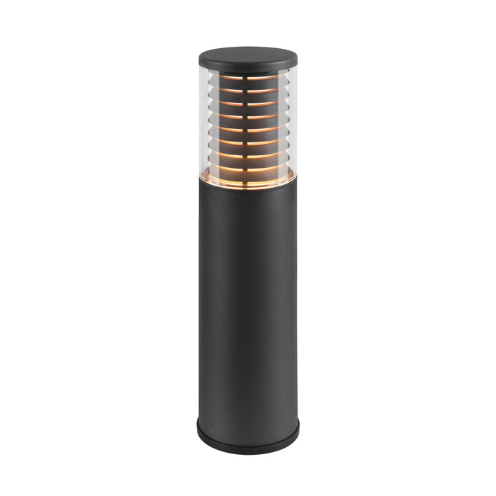 Black metal bollard light with clear ribbed shade.