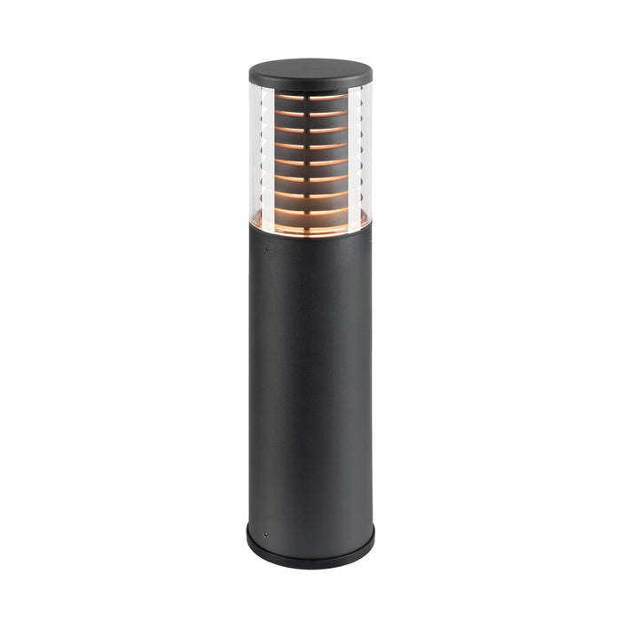 Black metal bollard light with clear shade and horizontal slats.