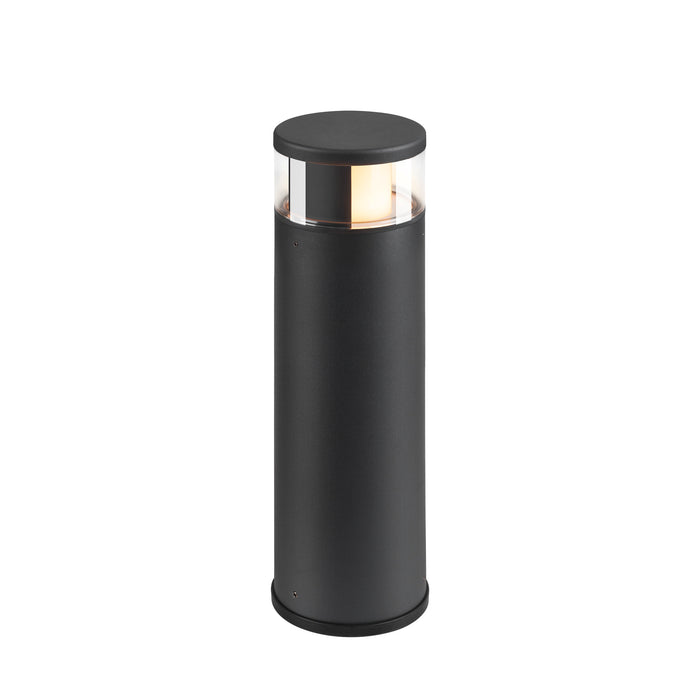 Black metal bollard light with clear glass shade, surface mounted.