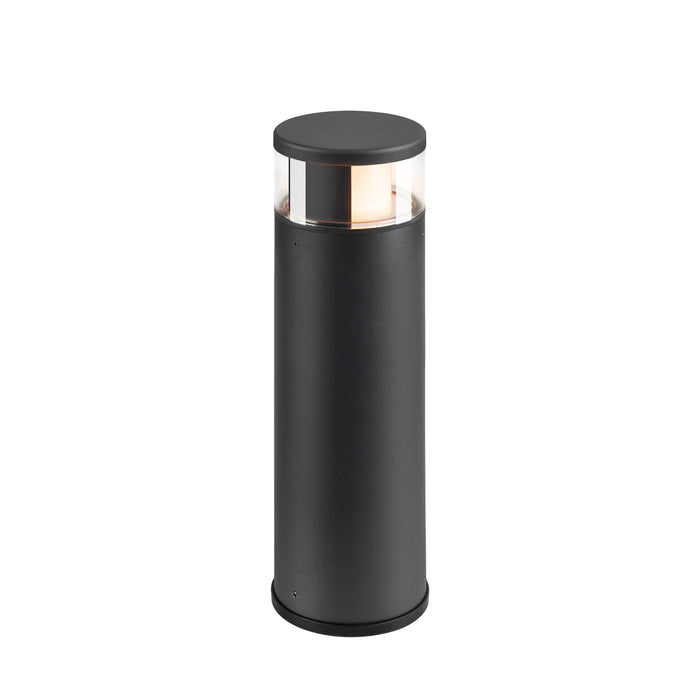 Black metal bollard light fixture with clear glass shade.