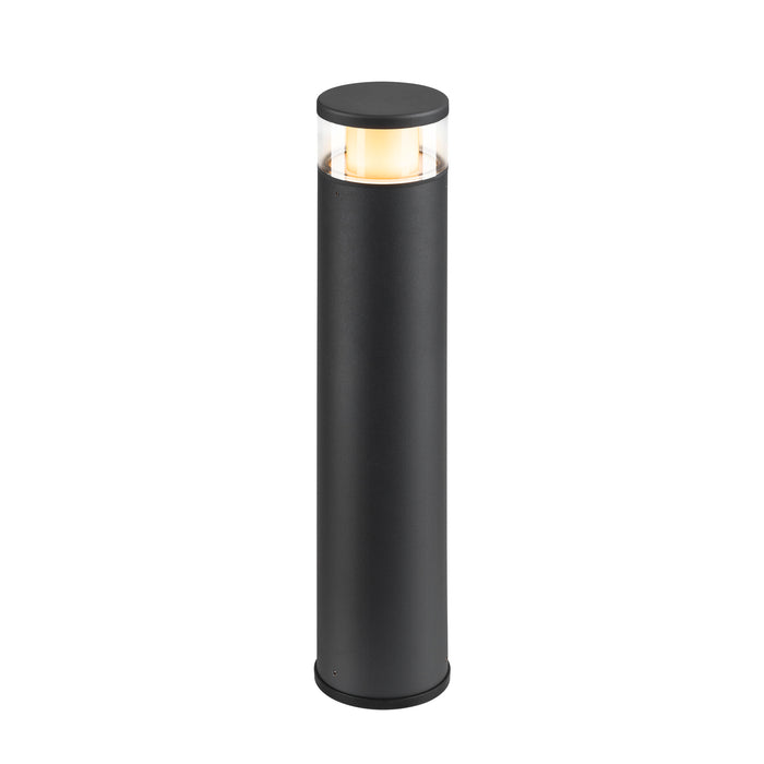 Black metal bollard light fixture with clear glass shade.