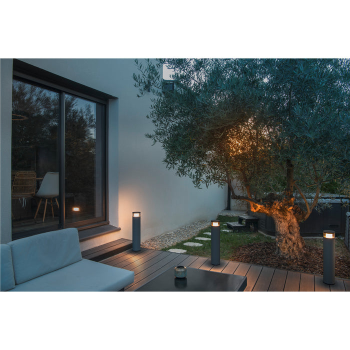 Gray metal bollard lights illuminating a modern patio with wood decking and an olive tree.