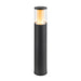 Black aluminum bollard light with clear glass shade.