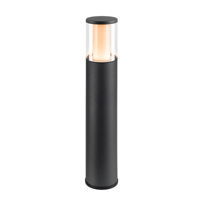 Black metal bollard light fixture with clear glass shade.