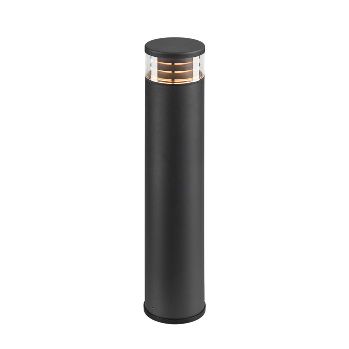 Black aluminum bollard light with clear acrylic top, ground mounted.