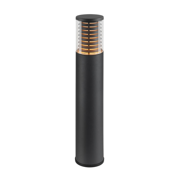 Black aluminum bollard light with clear ribbed shade, ground mounted.