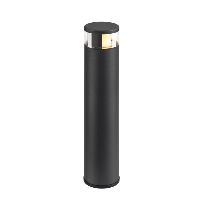 Black metal bollard light fixture with clear top.