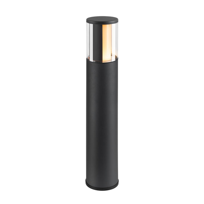 Modern bollard light fixture, black finish, with clear glass shade.