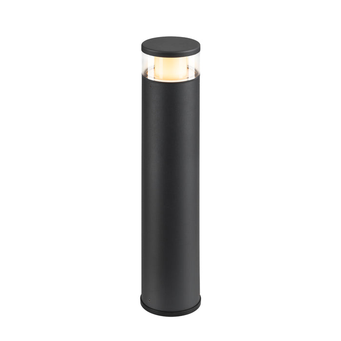 Black aluminum bollard light with a clear glass top and a matte finish, surface mounted.