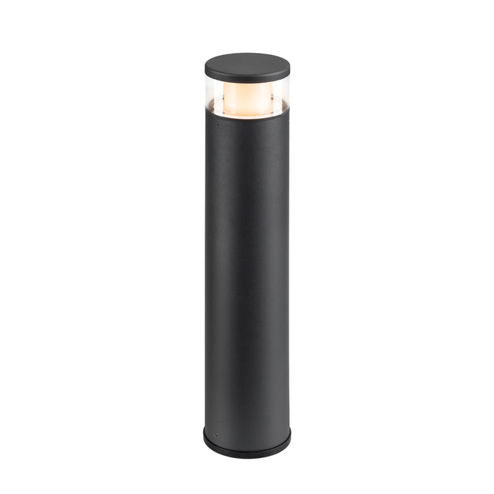 Black aluminum bollard light with a clear glass top, ground mounted.
