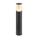 Black aluminum bollard light with clear glass shade, matte finish, ground mount.