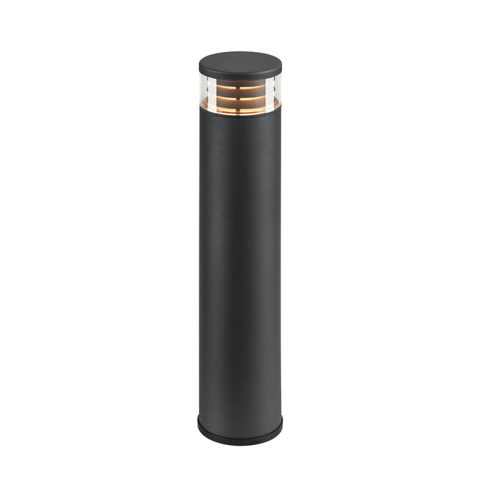 Black metal bollard light with clear glass top.
