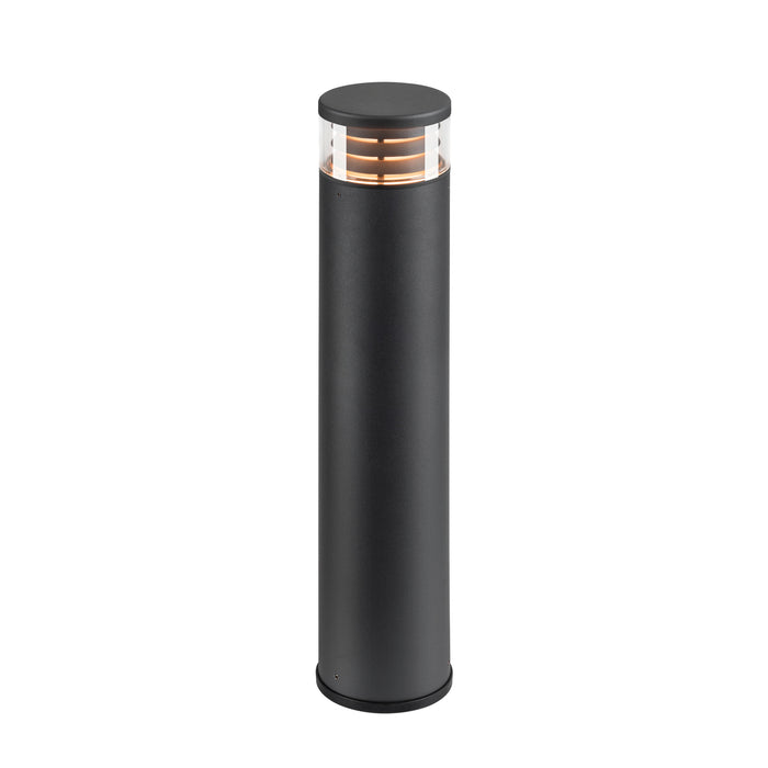 Black aluminum bollard light with clear acrylic top.