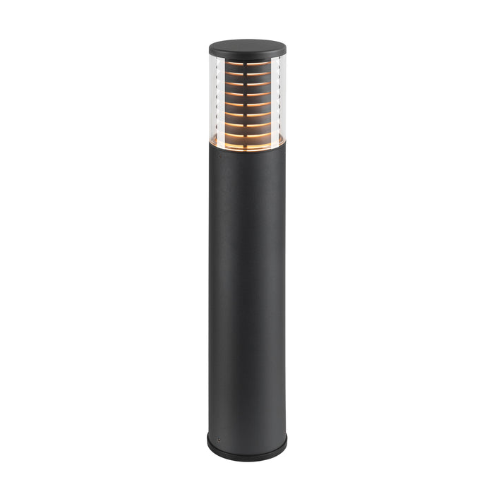 Black aluminum bollard light with clear glass shade.
