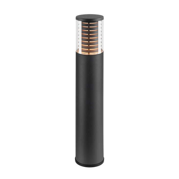 Black metal bollard light with clear glass top and horizontal slats.
