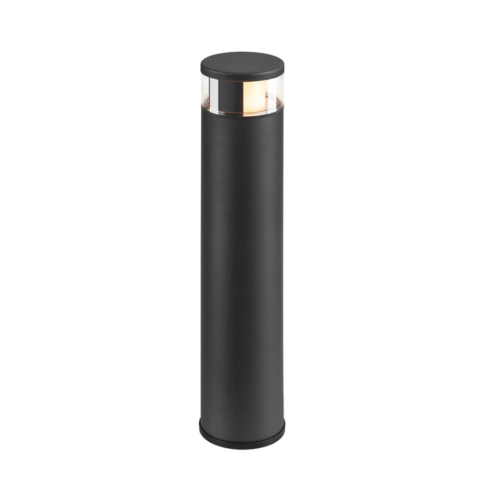 Black metal bollard light fixture with clear top.