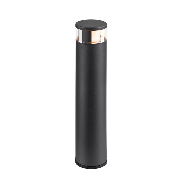 Black metal bollard light with clear top.