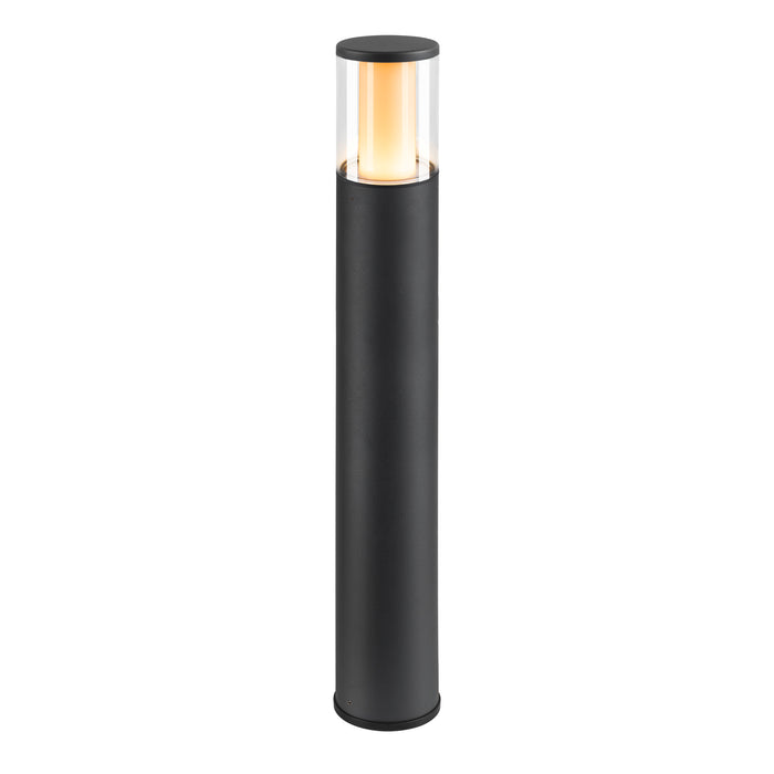 Black metal bollard light with clear glass shade, ground mounted.
