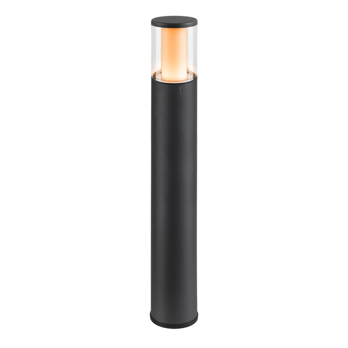 Modern black metal bollard light with clear glass shade.