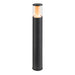 Modern black metal bollard light with clear glass shade.