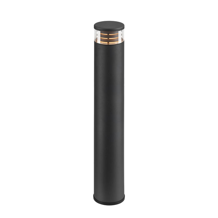 Black aluminum bollard light with a smooth finish and ground mounting.