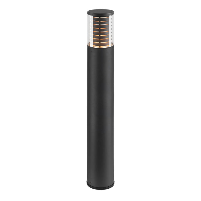 Black aluminum bollard light with clear lens.