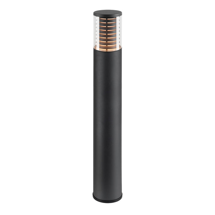 Black metal bollard light fixture with clear ribbed glass top, surface mounted.