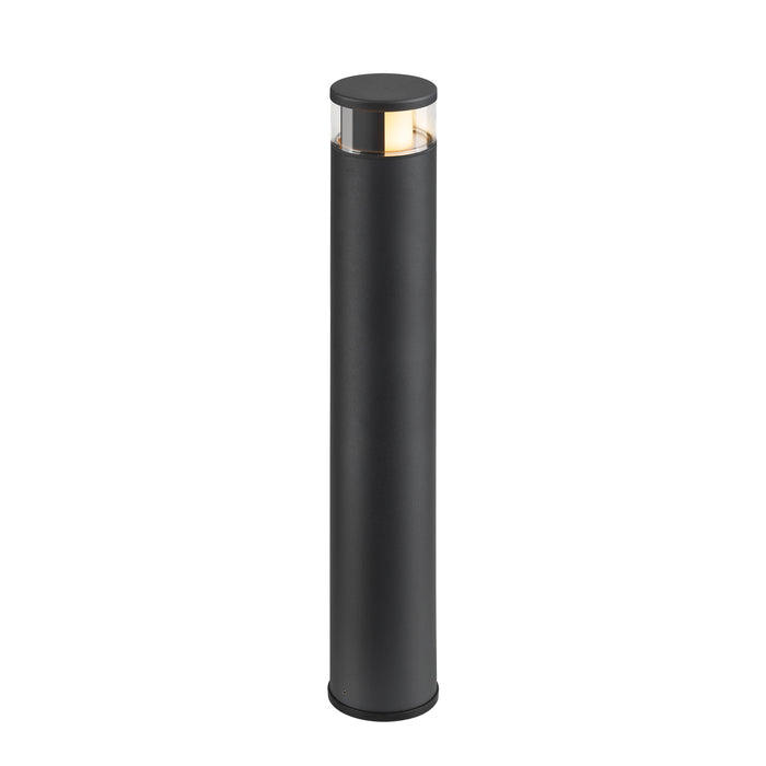 Black aluminum bollard light with clear lens.