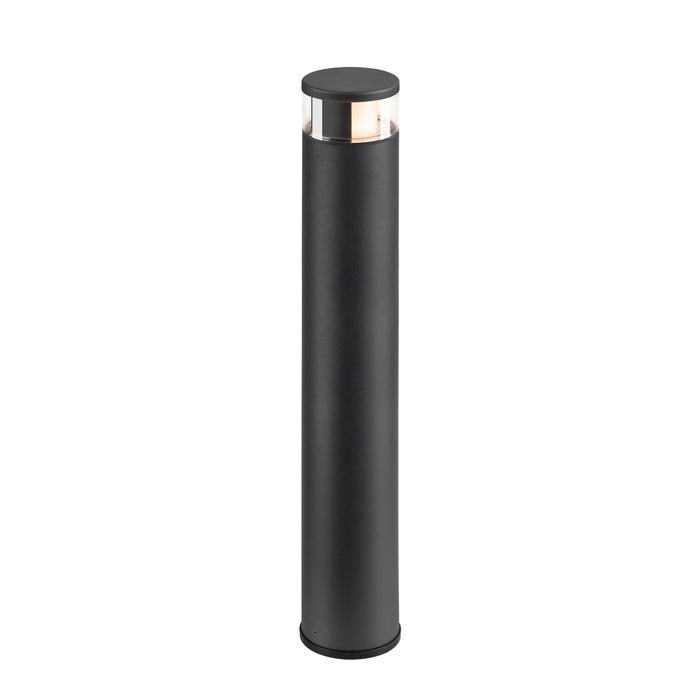 Black aluminum bollard light with a clear top, surface mounted.