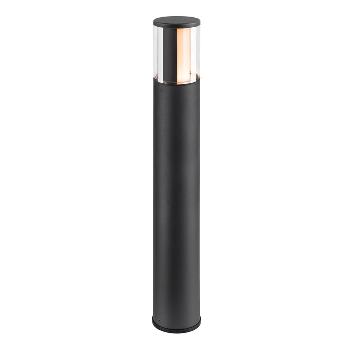 Black metal bollard light fixture with clear glass top.