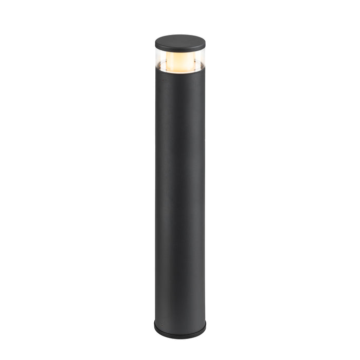 Black aluminum bollard light with a smooth finish and ground mounting.
