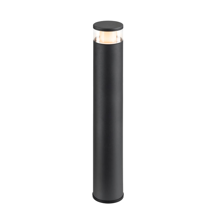 Modern bollard light fixture, black finish, likely aluminum, with clear top.