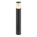 Modern black metal bollard light with clear glass shade, surface mount.