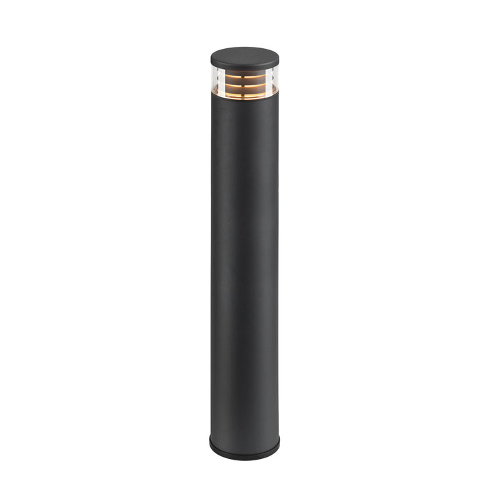 Black aluminum bollard light with a matte finish and clear top, ground mounted.