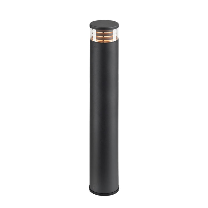 Black aluminum bollard light with clear top, surface mounted.