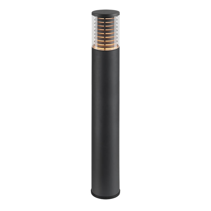 Black metal bollard light with clear ribbed top.