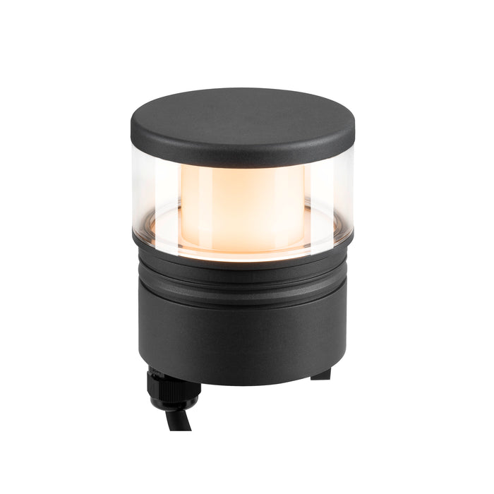 Black aluminum bollard light with clear glass shade.